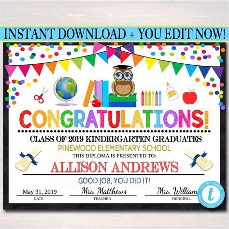 editable graduation certificate  grade printable diploma kindergart