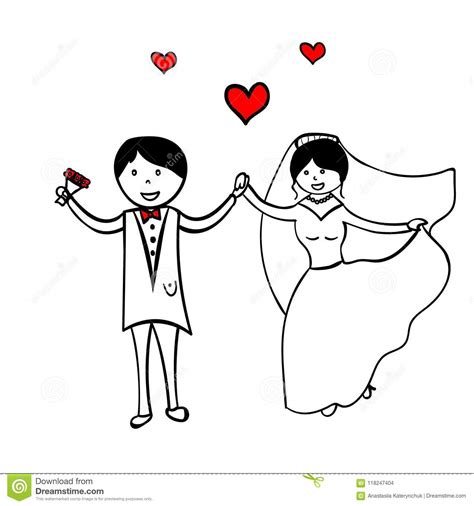 Hand Drawing Cartoon Happy Couple Wedding Stock Vector