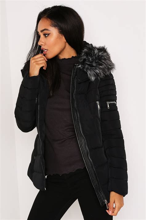 black winter coat  fur hood     stylish  fit coat