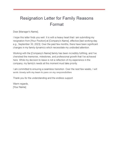 resignation letter family reasons examples   write tips