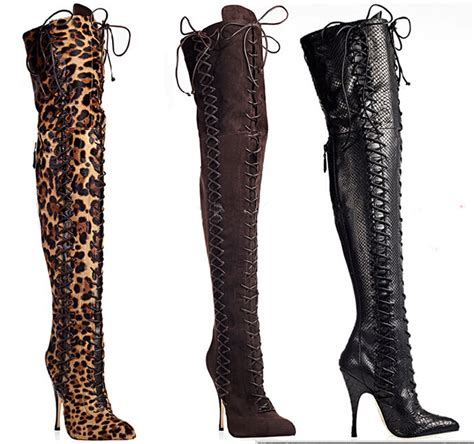 New Design Women Fashion Pointed Toe Lace Up Over Knee Leopard High