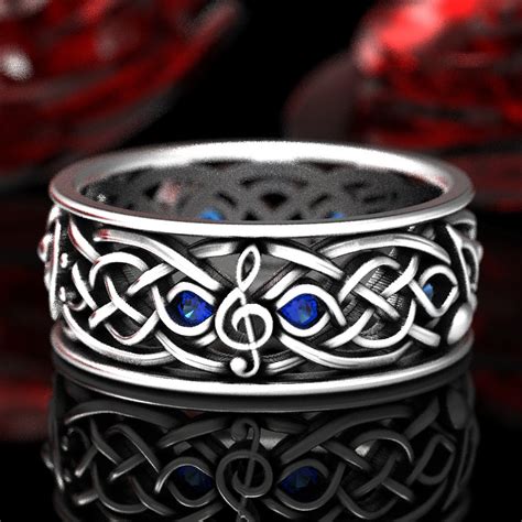 mens  note ring sterling  ring sapphire  ring