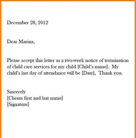 weeks notice daycare withdrawal letter certify letter