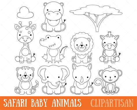 safari baby animals clipart digital stamps coloring page etsy