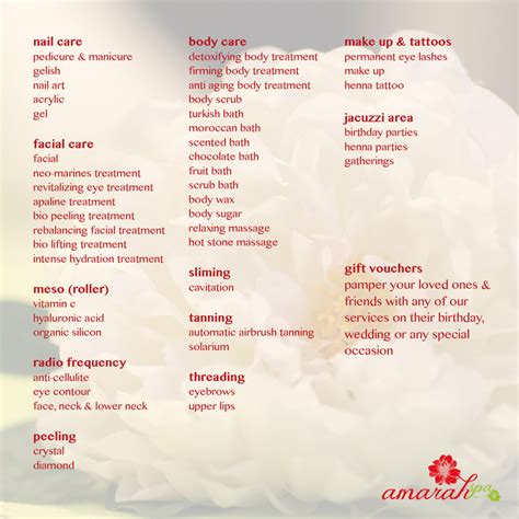 amarah spa services menu  ammansnobcom