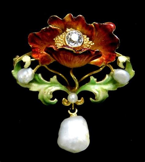 Lot Jewelry Art Nouveau 14k Enameled Diamond And Pearl Pin Pendant