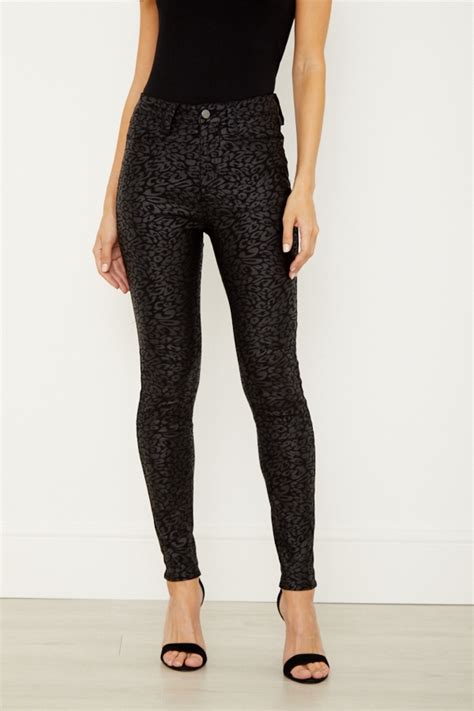 black textured leopard print coated skinny jeans