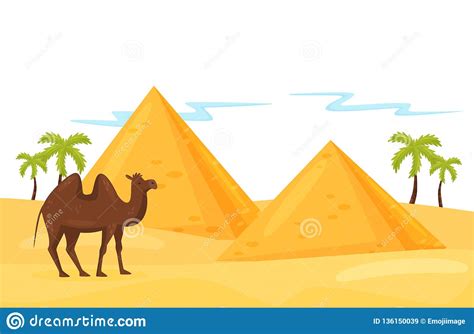 Landscape Of Desert With Egyptian Pyramids Palm Trees