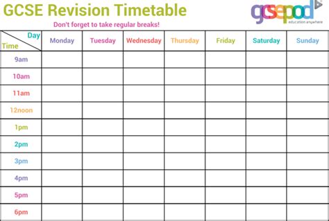 gcse revision timetable template   formtemplate