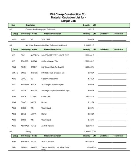 material list templates word  formats  formats excel word