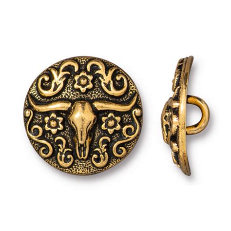 longhorn button antiqued gold plate   pack tierracast