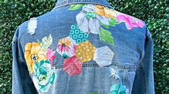 No Sew Quilted Jean Jacket. Upcycled / Remade with on old shirt and Fabric Mod Podge. #denimstyle #jeanjacket #modpodge #makeitwithmichaels #upcycledclothing #diy #diyfashion | Handmade Happy Hour with Cathie Filian