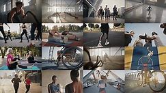 Mosaic series with people doing different physical activities on nature and in gym. Disciplined sportsmen doing strength and stretching exercises, jogging, dancing ballet and playing with ball.