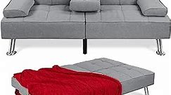 Best Choice Products Linen Modern Folding Futon, Reclining Sofa Bed for Apartment, Dorm w/Removable Armrests, 2 Cupholders - Gray