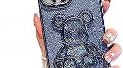 Kawaii Cute Aesthetic Case Compatible with iPhone 14 Pro Max 6.7 Inch, Glitter with Bling Quicksand 3D Bear Case for iPhone 14 Pro Max with Camera Protector (Sea Blue)