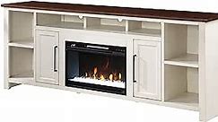 Bridgevine Home Modern 85 Inch Electric Fireplace TV Console. Accommodates TVs up to 95 inches. Fully Assembled. Poplar Solids and Okume Veneers. Jasmine Whitewash and Whiskey Finish.
