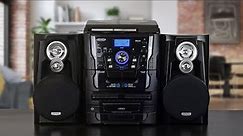 Jensen JMC-1250 Bluetooth 3-Speed Stereo Turntable 3 CD Changer Music System with Dual Cassette Deck