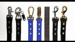 BLD leash snaps: bolt snap, scissor/trigger snap, locking carabiner, alligator locking jaw snap