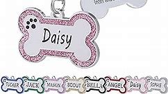 Personalized Stainless Steel Pet ID Tags with Glittery Bone Design - DEEP Engraved Dog Tags Engraved for Pets Customized with 5 Lines Dogs and Cats Pets Gift (Large, Pink)