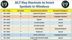 ALT Key Shortcuts to Insert Symbols in Windows || Alt Codes List of Alt Key Codes Symbols