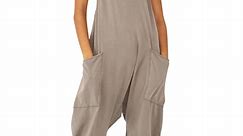 STARVNC Women Solid Color V Neck Sleeveless Pockets Jumpsuit
