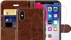MONASAY Wallet Case Compatible for iPhone X/iPhone Xs, 5.8-inch, [Glass Screen Protector Included] [RFID Blocking] Flip Folio Leather Cell Phone Cover with Credit Card Holder,Brown
