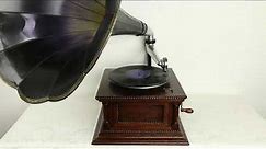 Oak Record Player Antique Phonograph, Morning Glory Horn