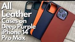 All Apple Leather Cases on Deep Purple iPhone 14 Pro Max- Umber, Forest Green, Ink, Midnight, Orange