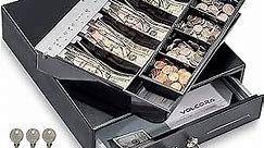 Volcora 13" Cash Register Drawer for Point of Sale (POS) System with Fully Removable 2 Tier Cash Tray, 4 Bill/5 Coin, 24V, RJ11/RJ12 Key-Lock, Double Media Slot, Small Money Drawer, Black