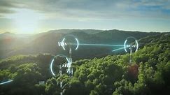 Telecommunication towers in green clean forest area exchange network data through glowing lines