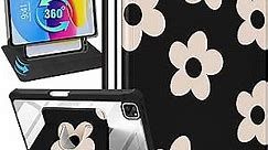 Uppuppy for iPad Pro 12.9 Case Folio Cover with Pencil Holder Girls Women Cute Girly Kids kawaii Flower Floral Pretty Black Design Rotating Stand for Apple iPad Pro 12.9 Inch Cases 2022/2021/2020/2018