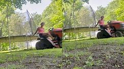 Disabled woman manoeuvres mini tractor to move the trampoline