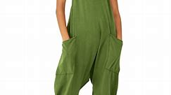 STARVNC Women Solid Color V Neck Sleeveless Pockets Jumpsuit