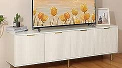 TV Stand for 80+ Inch TV, Entertainment Center with Storage Cabinets, Wood Mid Century Modern TV Console with Waveform Panel, Adjustable Shelf, White TV Stands for Living Room Bedroom
