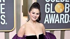 Selena Gomez Brings the Glamour in a Black Gown With Purple Statement Sleeves at the 2023 Golden Globes