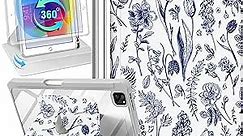 Uppuppy for iPad Pro 12.9 Case Folio Cover with Pencil Holder Girls Women Cute Girly Teens Blue Flower Pretty Kawaii Floral Rotating Stand for Apple iPad Pro 12.9 Inch Cases 2022/2021/2020/2018