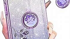 (3in1 for iPhone 14 Case Glitter Sparkly for Women Girls Sparkle Girly Bling Shiny Phone Cover Cute Flowers Floral Unique Design with Ring Holder Pretty Purple Cases for Apple 14 6.1 inch