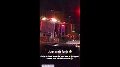 Bikini-clad woman exits firetruck in San Jose, CA