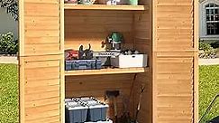 Gizoon Outdoor Storage Cabinet with 3 Shelves, Double Lockable Wooden Garden Shed with Waterproof Roof, Outside Vertical Tall Tool Shed for Yard Patio Lawn Deck-Natural