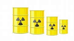Concept de l'industrie de la fabrication, de l'élimination et de l'utilisation du combustible nucléaire : Rendu 3D d'un groupe de barils, de fûts ou de conteneurs en métal jaune empilés contenant des déchets radioactifs dangereux toxiques