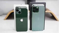 iPhone 13 Pro Max in Alpine Green and iPhone 13 in Green