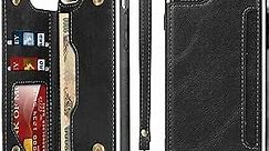 iCoverCase iPhone SE(2022)/SE(2020) iPhone 7/8/6/6s Wallet Case with Card Slots Holder and Wrist Strap Premium PU Leather Kickstand Magnetic Clasp Shockproof Flip Cover Case (Black)