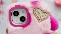 Losin Compatible with iPhone 15 Pro Plush Furry Case with Cute 3D Love Heart Fuzzy Ball Pendant Fashion Fuzzy Fluffy Case Luxury Bling Glitter Diamond Rhinestones for Women Girls Girly