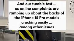 The new iPhone 15s are making their way through the test protocol in our labs as online complaints are ramping up about the backs of the iPhone 15 Pro models easily cracking…among other issues. See smartphone rating and reviews through the link in our bio. #iphone15 #iphone15pro #techtok #newphone