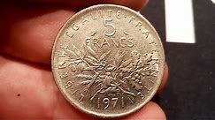 FRANCE 1971 5 FRANCS Coin VALUE - REPUBLIQUE FRANCAISE 1971 5 Francs Coin