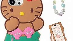 WOLLONY Cat Case 3D Cartoon for iPhone 14 Pro Max Phone Case with Bracelet Chain, Kids Girls Women Cool Fun Cute Kawaii Animal Cases Soft Silicone Funny Character Unique Protective Cover, Brown/Pink