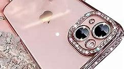 AmazFCCY iPhone 14 6.1'' Glitter Plating Case, Cute Luxury Bling Rhinestones Diamond Soft Bumper Clear Transparent TPU Thin Lightweight Case for Apple iPhone 14 6.1 inch 2022 (Pink)