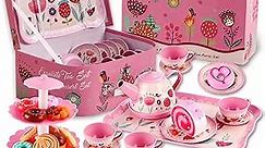 Tea Party Set for Little Girls, Princess Tea Time Toy with Food Sweet Treats Playset Carrying Case, Tea Set Birthday Gift Toys for 3 4 5 6 7 8 Year Old Girls Todler