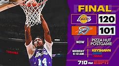 The Lakers snap their eight-game losing streak in their home finale with a balanced attack. One game to go.