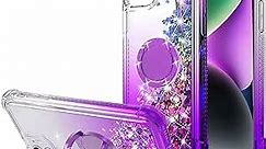 WORLDMOM for iPhone 14 Case,Bling Moving Liquid Floating Sparkle Colorful Glitter Waterfall TPU Protective Case with Rotation Ring Kickstand for iPhone 14 [6.1 inch 2022], Purple